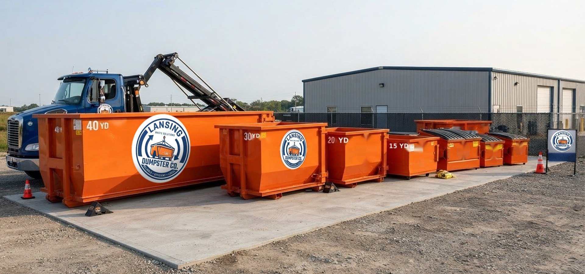 Lansing Dumpster Co yard with roll-off dumpsters and delivery trucks